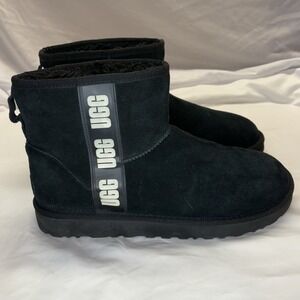 UGG Boots Womens Size 11 Black Classic Mini Side Logo Spellout Sheepskin 1122558